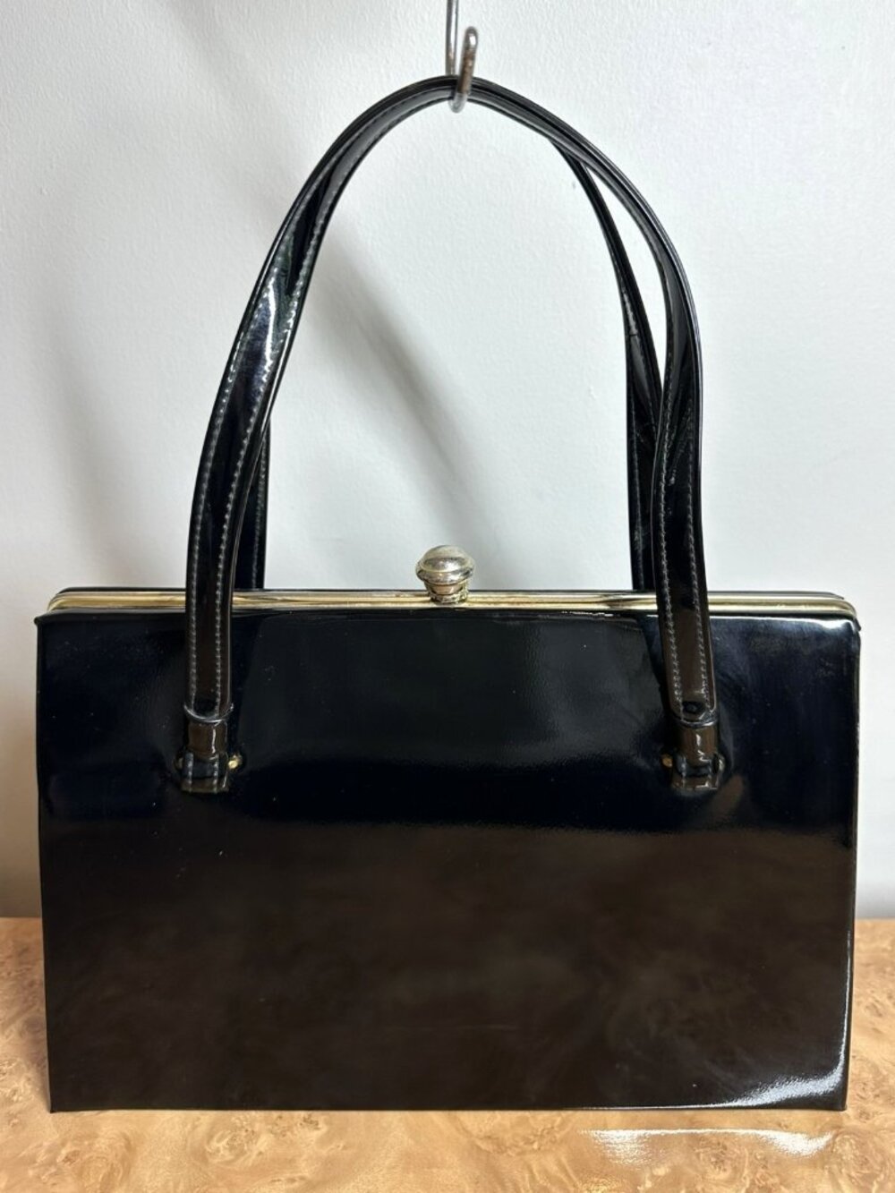 Vintage Garay MCM Black Patent Leather Top Handle Handbag Structured Frame Purse